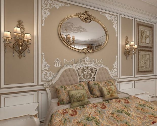 Гобеленовое покрывало в интерьере классической спальни