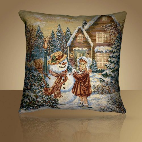 Декоративная наволочка, чехол на подушку Снеговик и девочка